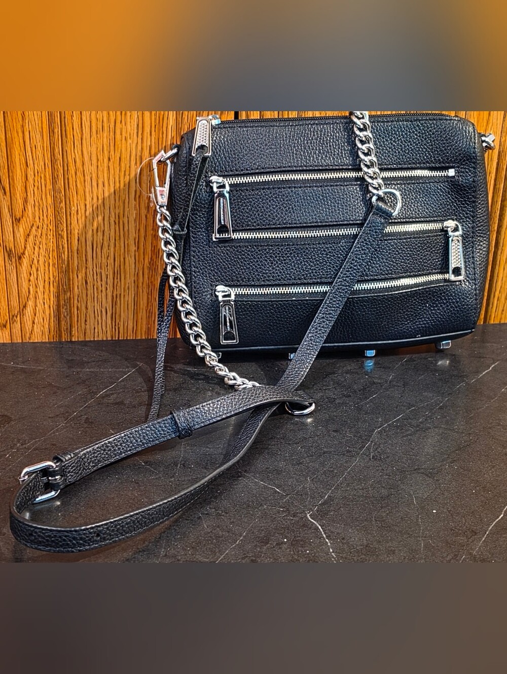 EUC Rebecca Minkoff Black Pebbled Leather Multi Zip Crossbody Bag Silver Chain - Picture 3 of 10